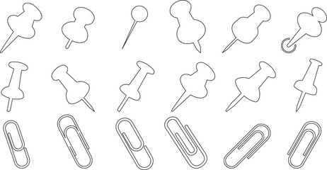 Pushpin, paperclip, office supplies in black and white outline. Vector illustration for organization, stationery, and workplace essentials