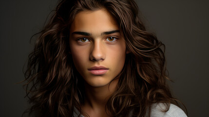 Naklejka premium Happy cheerful young latino generation z. Smiling ethnic cool generation z teenage student, long hair, gray background.