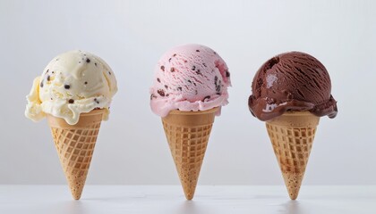 Three colorful ice cream cones with vanilla, strawberry, and chocolate flavors displayed indoors