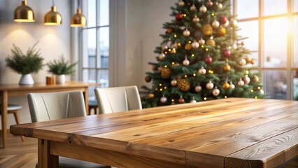 Wood dining table with copy space and christmas tree in the background, wood, dining table, copy space