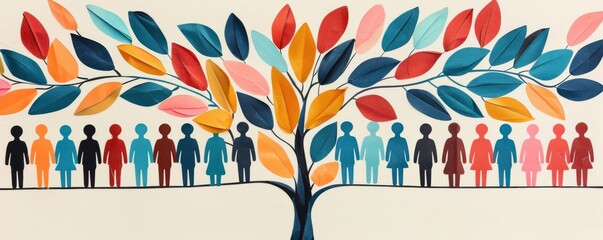Obraz premium Colorful tree illustration with diverse people standing together, symbolizing community, growth, and unity in a creative design.