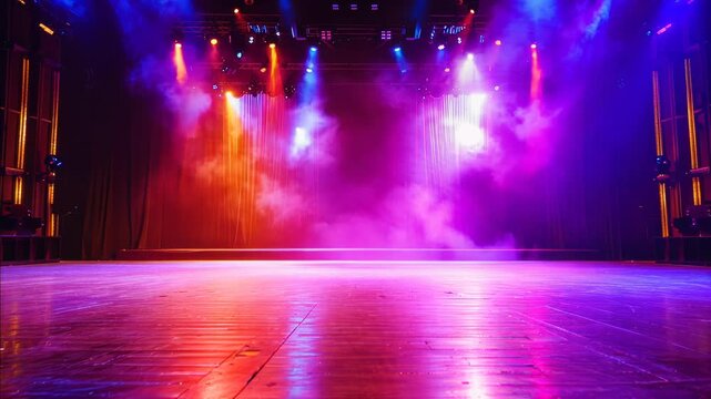Colored lights, smoke, and reflections on stage.