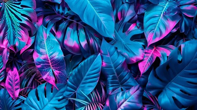 Colorful floral arrangement with palm leaves and tropical foliage. Abstract pattern with purple and blue hues for decorative use.