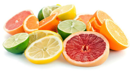 slices of various citrus fruits including oranges, lemons, and limes, arranged on a white background