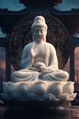 Serene Buddha Statue on Lotus in Tranquil Setting - A serene Buddha statue seated on a lotus flower, set against a peaceful backdrop of nature with warm, soft lighting at sunset.