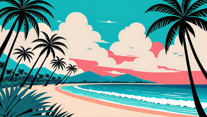 Obraz premium Vector vibrant tropical beach with palm trees Anime clean style Background design