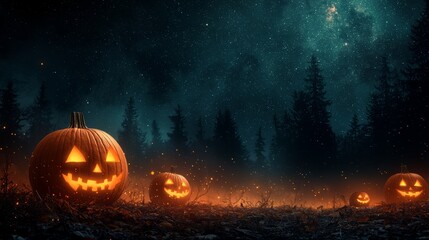 Naklejka premium Spooky Halloween scene with glowing jack-o'-lanterns in a dark forest under a starry night sky.