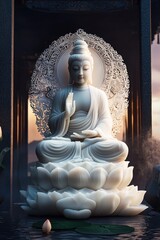 Serene Buddha Statue on Lotus in Tranquil Setting - A serene Buddha statue seated on a lotus flower, set against a peaceful backdrop of nature with warm, soft lighting at sunset.