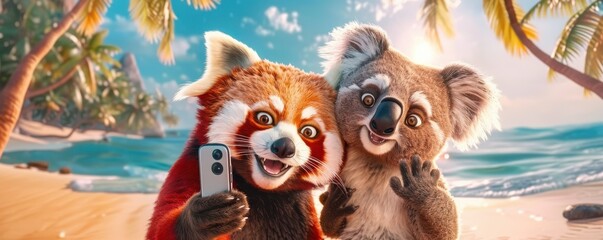 Two adorable animated animals enjoying a beach day while taking a selfie, surrounded by palm trees and a vibrant ocean backdrop.