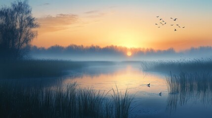 Fototapeta premium Misty Sunrise Over a Still Lake