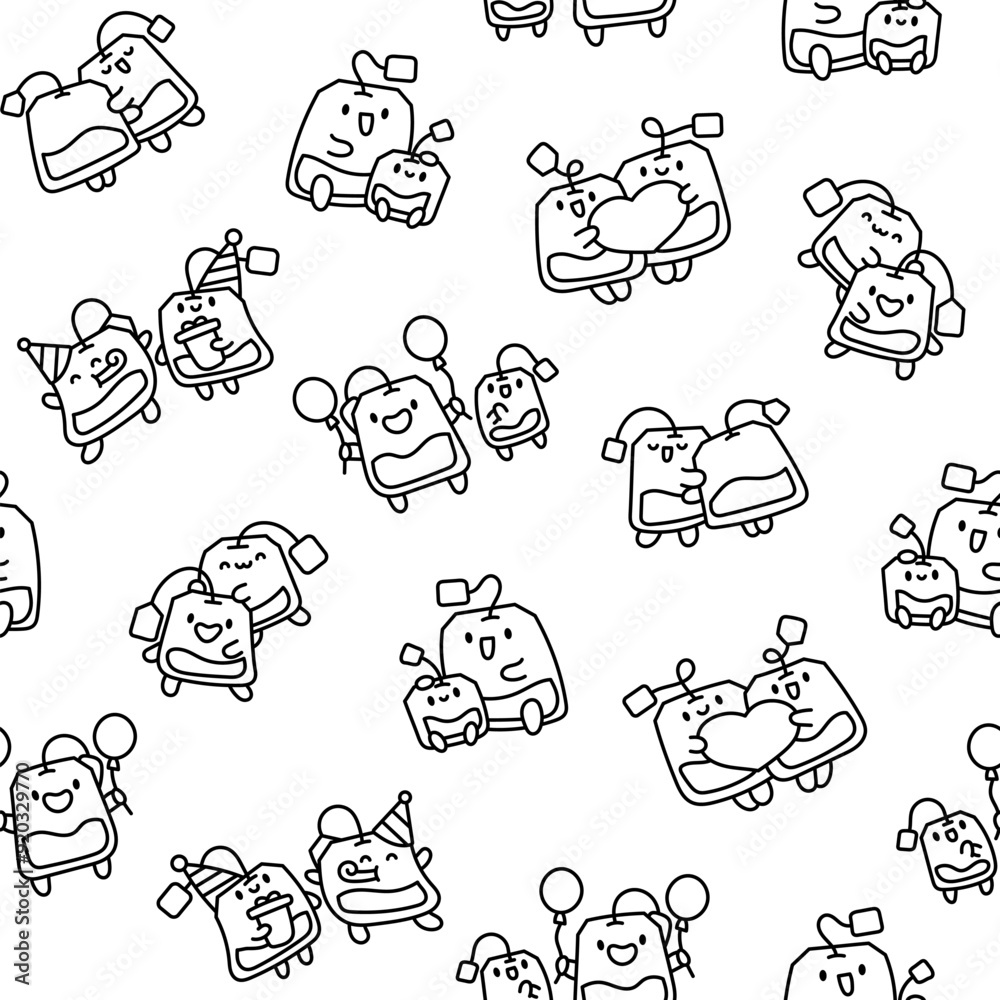 Wall mural cute tea bags friends forever. seamless pattern. coloring page. funny couple sachet cartoon characte