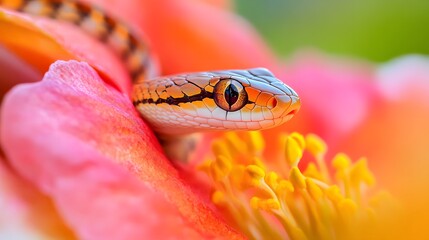 Obraz premium Snake on a Flower: A small, colorful snake resting on a bright, blooming flower. 