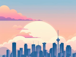 Vibrant city skyline at sunset with colorful clouds, showcasing modern architecture and urban beauty in a peaceful atmosphere.
