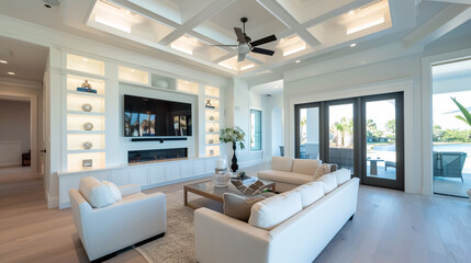 A living room featuring a sleek, white coffered ceiling with recessed lighting and a contemporary ceiling fan.