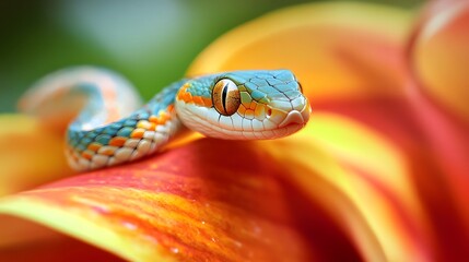 Obraz premium Snake on a Flower: A small, colorful snake resting on a bright, blooming flower. 
