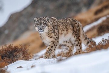 Fototapeta premium Snow leopard walking in snowy mountain landscape gracefully.
