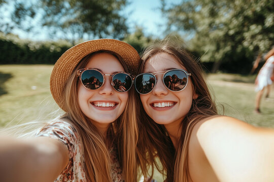 Two women wearing sunglasses and hats are smiling for the camera. Scene is cheerful and lighthearted