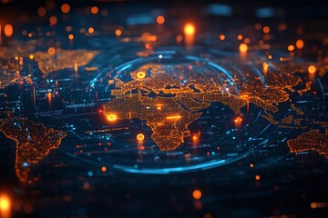A glowing digital map of the world highlights bright urban centers at night, emphasizing global connections and technological advancements in cities across continents