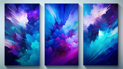 Set of Three Abstract Art Paintings with Blue and Violet Colors and Dynamic Brush Strokes