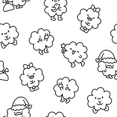 Cute kawaii lucky clover cartoon character. Seamless pattern. Coloring Page. Hand drawn style. Vector drawing. Design ornaments.