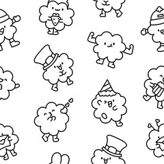 Cute kawaii lucky clover cartoon character. Seamless pattern. Coloring Page. Hand drawn style. Vector drawing. Design ornaments.