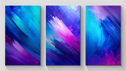 Set of Three Abstract Art Paintings with Blue and Violet Colors and Dynamic Brush Strokes