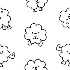 Cute kawaii lucky clover cartoon character. Seamless pattern. Coloring Page. Hand drawn style. Vector drawing. Design ornaments.