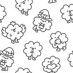 Cute kawaii lucky clover cartoon character. Seamless pattern. Coloring Page. Hand drawn style. Vector drawing. Design ornaments.