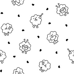 Cute kawaii lucky clover cartoon character. Seamless pattern. Coloring Page. Hand drawn style. Vector drawing. Design ornaments.