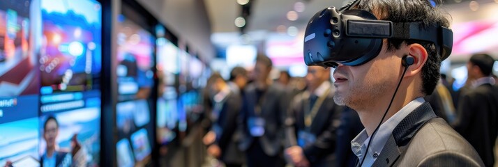 Man wearing VR headset at technology expo.