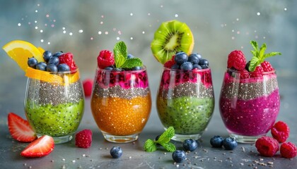 Colorful layered fruit smoothies with chia seeds and garnishes on a gray background