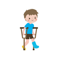 kid injured with broken leg in gypsum. little children standing on crutches, cartoon teen disabled character broken leg in plaster. isolated on white background Vector illustration