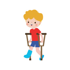 kid injured with broken leg in gypsum. little children standing on crutches, cartoon teen disabled character broken leg in plaster. isolated on white background Vector illustration