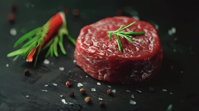 video of raw beef steak with rosemary on the dark background, food concept