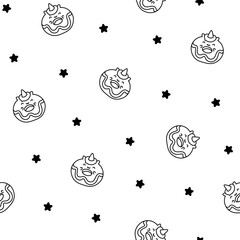 Cute kawaii donut with animal face. Seamless pattern. Coloring Page. Cartoon funny food. Hand drawn style. Vector drawing. Design ornaments.