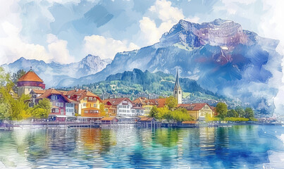 Fototapeta premium Watercolor village Weggis, lake Lucerne , Pilatus mountain and Swiss Alps in the background near famous Lucerne city, Switzerland