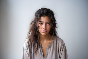 Fototapeta premium Tired exhausted adult young woman suffering from headache, migraine, feeling stressed, sick, tired, thinking over bad news, crisis depression and mental emotional problems concept