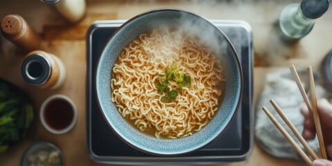 A top-down view of a bowl of freshly cooked ramen noodles