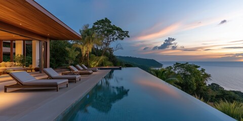 A wide-angle shot of an infinity pool with a scenic ocean view.