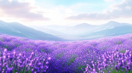 Fototapeta premium Lavender Field Against a Mountainous Background Under a Cloudy Sky