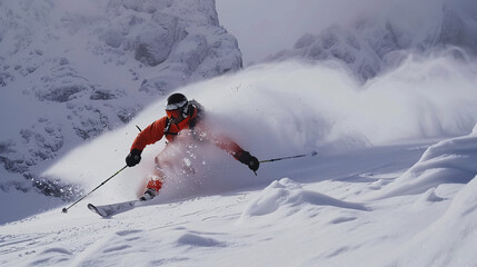 A male skier navigating through powder snow