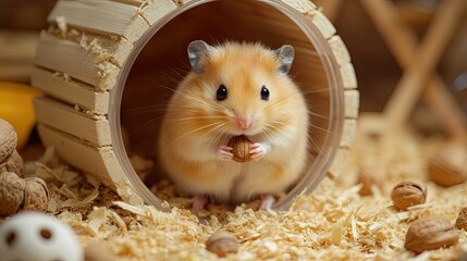 Golden hamster holding a walnut in its cage