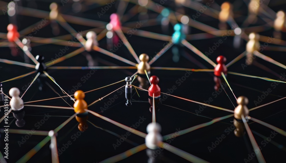 Wall mural colorful figures connected by rubber bands on a dark background representing networking concepts