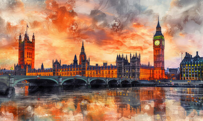 Naklejka premium Watercolor London cityscape with Houses of Parliament and Big Ben tower at sunset, UK
