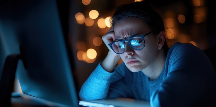 A person staring blankly at a computer screen, with fatigue, sleepiness, and mental fog depicted through blurry vision, illustrates the overwhelming effect of exhaustion and cognitive strain.