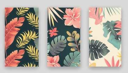 Tropical leaf and flower patterns on textured backgrounds in vibrant colors