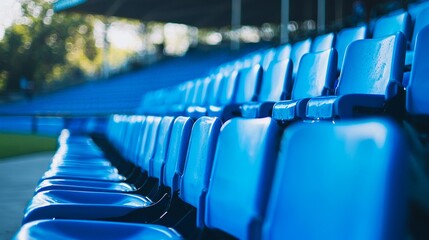 Fototapeta premium Blue seats on the grandstand of the football stadium.
