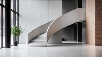 Obraz premium Modern spiral staircase with concrete steps and stainless steel railings, in an industrial-style building.