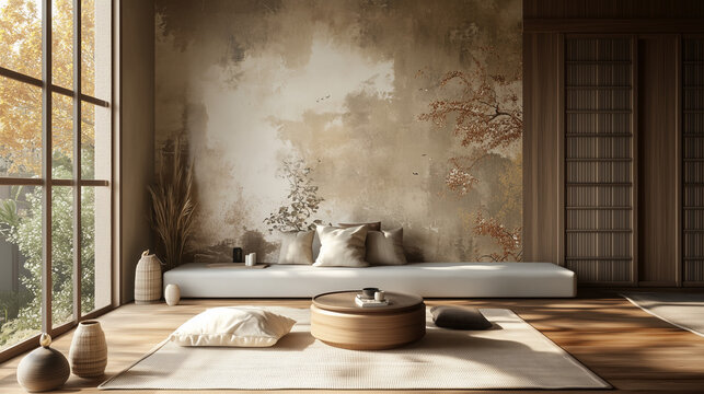 sunset wabi sabi style interior mockup, Japanese minimalistic style, grungy wall, Home interior in Japanese style