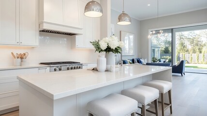 Elegant kitchen with high-end appliances, granite countertop, stylish bar stools, and chic pendant lights.